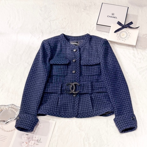 CHANEL 17B Tweed Jacket 藍黑千鳥格圓領外套
