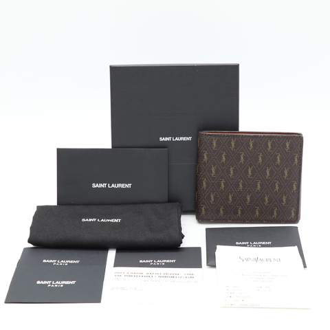 YSL 深咖色 老花 防刮皮革 對折短夾 8卡位+2鈔票位