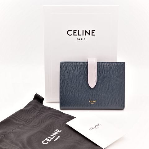 Celine 思琳 墨綠色 冰藍色 牛皮 兩折 中短夾 （鈔票+卡位+零錢位）