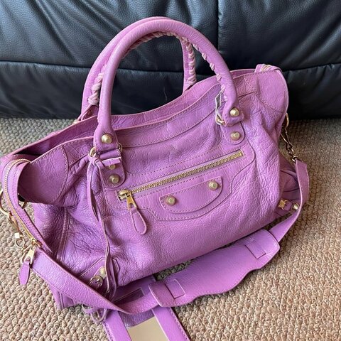 Balenciaga 巴黎世家 玫紅色金釘 中號機車包 手提包斜挎包