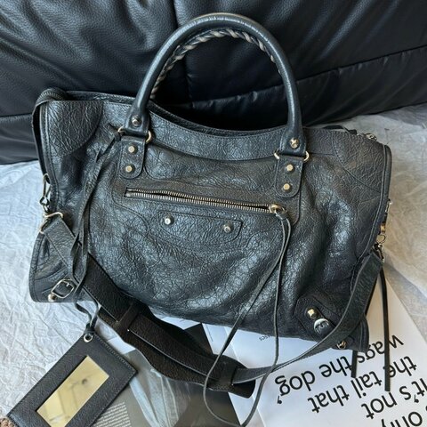 Balenciaga 巴黎世家灰銀小亮釘中號機車包手提包斜挎包