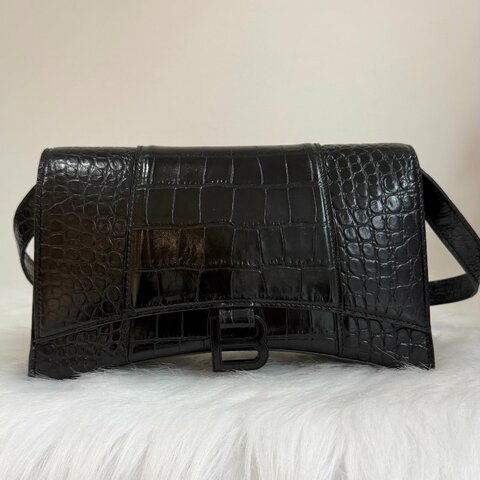 巴黎世家/Balenciaga Downtown 黑標鰐魚紋牛皮迷你 腋下包單肩包斜挎包 黑色