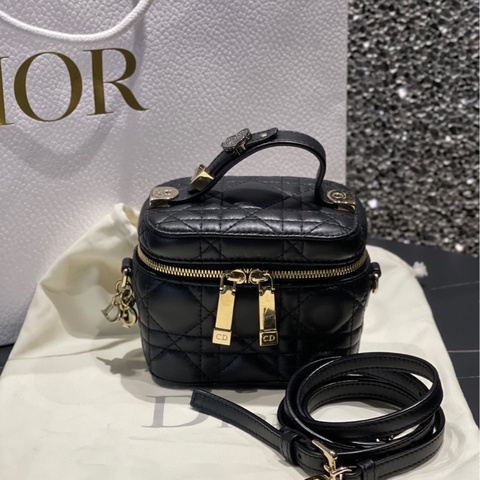 Dior迪奧Vanity迷你化妝包黑金羊皮經典菱格紋牛皮