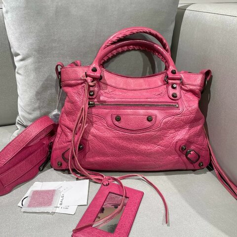 Balenciaga巴黎世家 玫粉色黑釘town小號機車包手提包斜挎包 底寬33cm