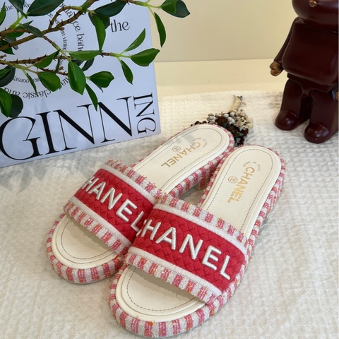 香奈兒Chanel 紅白刺繡字母logo 女士拖鞋  38碼