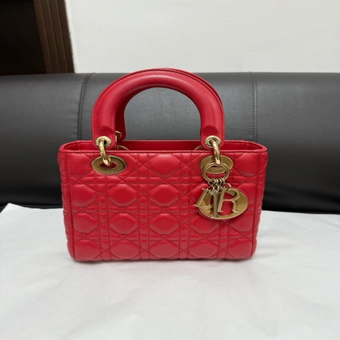 DIOR迪奧 99 新 紅色羊皮四格戴妃包Lady手提包