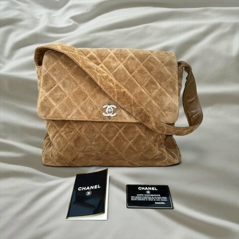 Chanel中古麂皮咖棕色書包扣kelly