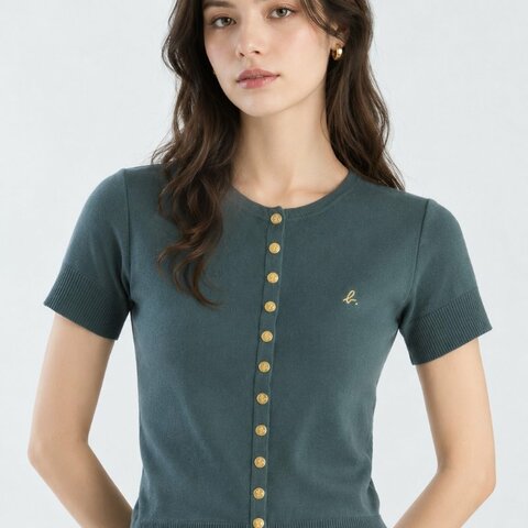 🦕 4號 ::agnes b.:: 湖水綠 金釦短袖上衣 WOMEN'S SWING SHORT-SLEEVE COTTON SNAP CARDIGAN