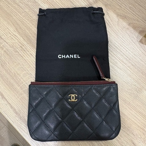 CHANEL 一字拉鍊零錢包 黑色淡金釦 荔枝紋 經典款