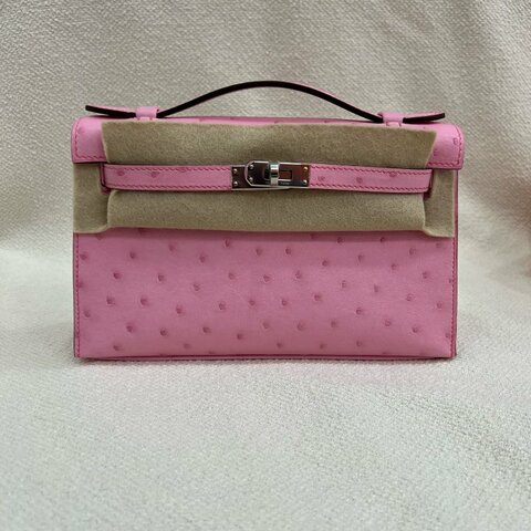 Hermès Mini Kelly I L4泡泡粉 鴕鳥皮 銀扣