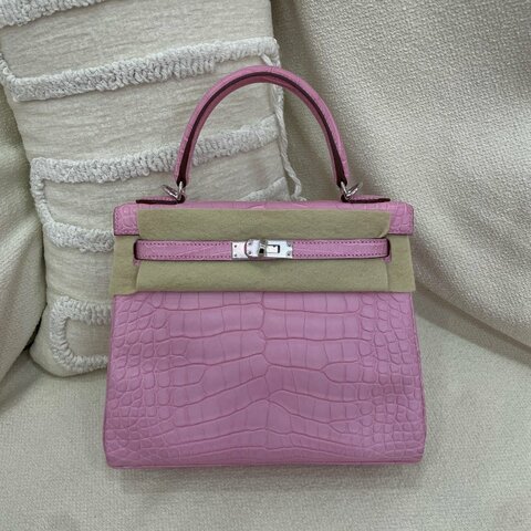 Hermès Kelly 25 5P櫻花粉 方口鱷魚 銀扣