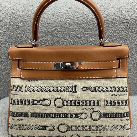 Hermès Kelly 28 馬鞍皮拼帆布 銀扣