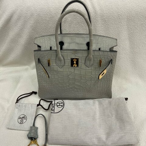 Hermès Birkin 30 8L冰川白 方塊鱷魚 金扣