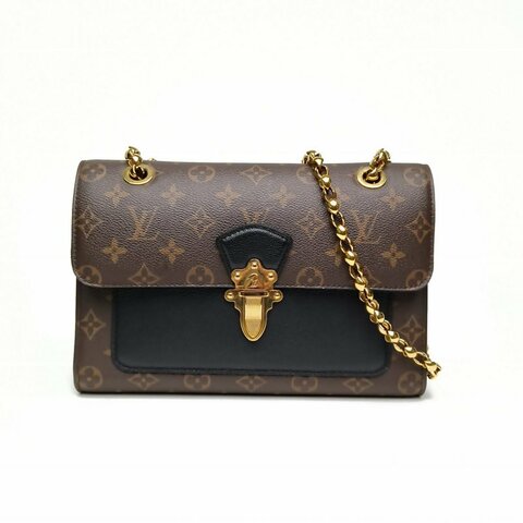 LV Victoire維多利亞手袋黑色金扣老花肩背包