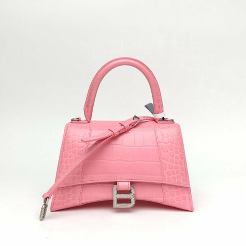 BALENCIAGA Hourglass沙漏S碼鱷魚壓紋粉色牛皮革肩背包