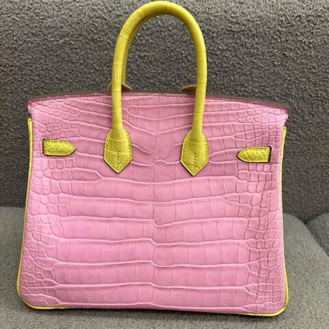 Hermès Birkin 25 5P櫻花粉拼9T檸檬黃 方塊霧面鱷魚 銀扣