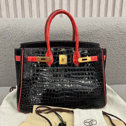 Hermès Birkin 30 黑色拼法拉利紅 倒V鱷魚 金扣