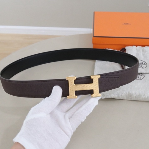 Hermès 愛馬仕男士腰帶，黑+巧克力雙面 馬賽克 100碼