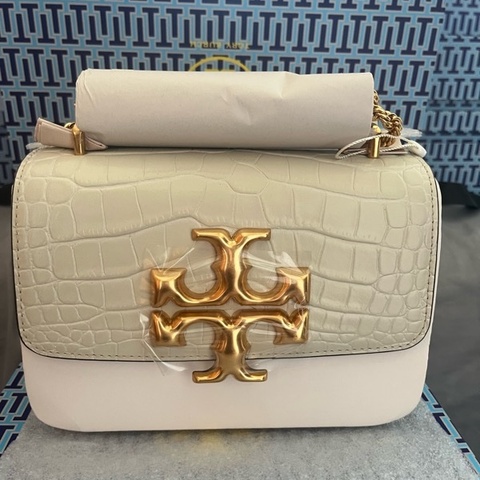 Tory Burch TB Eleanor 鱷魚紋牛皮翻蓋 雙T大Logo 鏈條方包 小號 白色