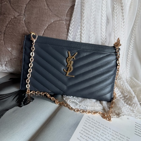 聖羅蘭 Saint Laurent YSL經典Cassandre Matelassé 系列 灰色皮革 手拿包 鏈帶包 woc