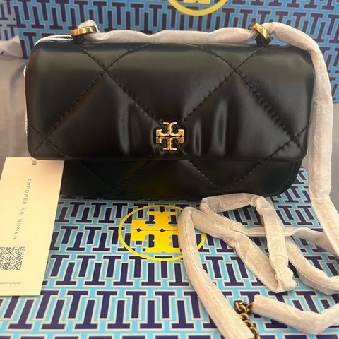 TORY BURCH KIRA 納帕皮革你菱格絎縫翻蓋側背/肩背包(迷你/黑)