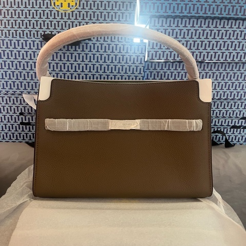 TORY BURCH Lee Radziwill 大款 附雙背帶吊飾鎖釦麂皮拼接手提/斜背包
