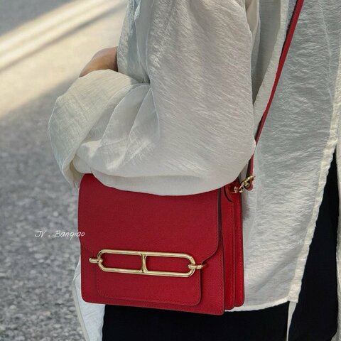 JS1589-HERMES S3心紅色EC皮金釦ROULIS 19豬鼻肩背包