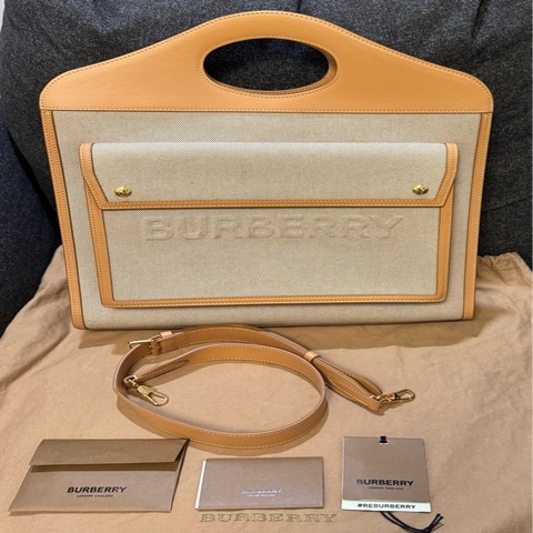 BURBERRY 米白駝色皮邊 手提包 肩背包 公事包 大包