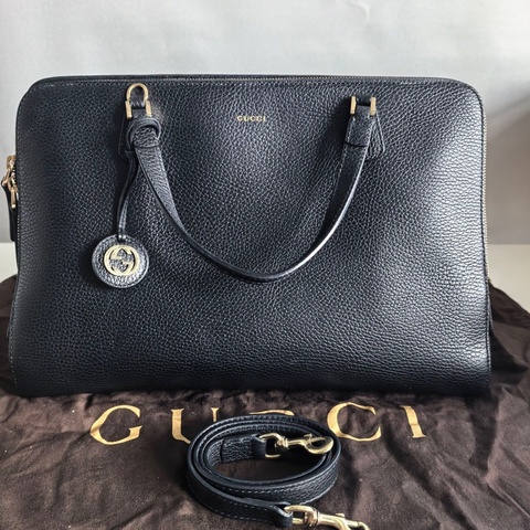 Gucci古馳 黑色全皮 荔枝紋 牛皮公文手提包 有長肩帶可斜挎 98新原始成色