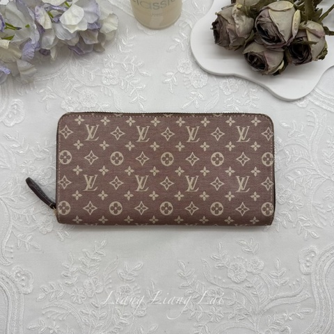 LOUIS VUITTON LV 經典Monogram Idylle 花紋布棕藕色拉鍊長夾