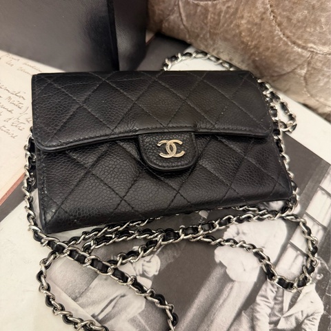 香奈兒 經典Classic Wallet on Chain WOC 鏈子皮夾 發財包 黑色 皮革 魚子醬 魚子皮 荔枝皮