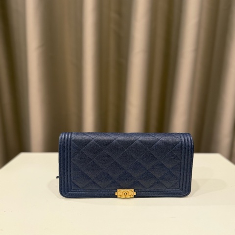 Chanel香奈兒 Boywoc金色荔枝牛皮 海軍藍