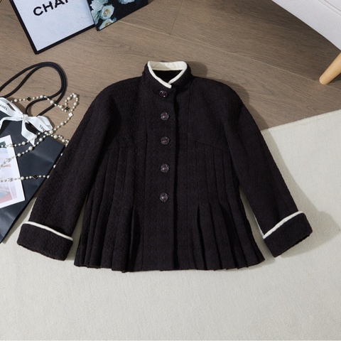 CHANEL 黑色立領百褶Tweed外套 Size36