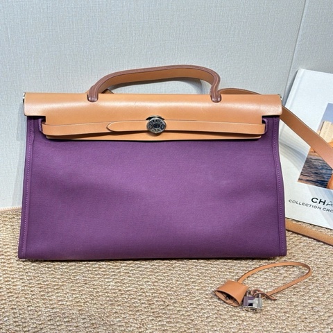 Hermes 愛馬仕 Herbag31 子母手提斜挎包 銀扣 Hunter牛皮拼帆布  框p 梅紫色