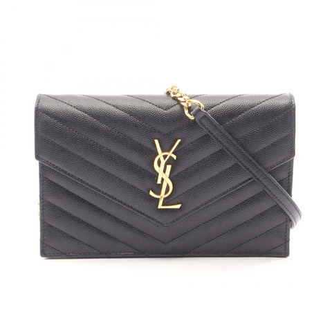 SAINT LAURENT PARIS Monogram 信封式單肩包 393953 皮革 黑色 二手 女士
