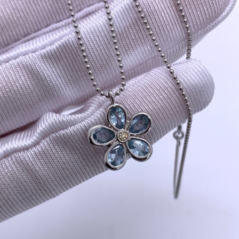 Tiffany 白金藍彩寶石花朵吊墜項鍊 超級精美 長約：40cm