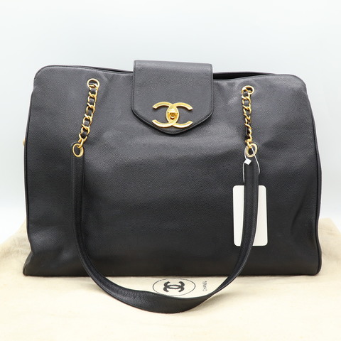 Chanel 香奈兒 vintage 古著 Supermodel 黑色 金扣 荔枝牛皮 肩背包 托特包 通勤包 電腦包 大包 行李包 機場包