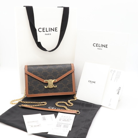 Celine 凱旋門金扣 WOC 黑棕拚皮 老花 鍊帶錢包  斜背包 肩背包 6卡位 可放手機