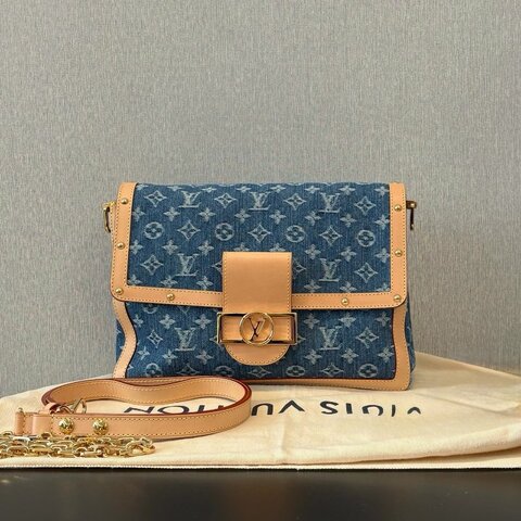 LV 路易威登Louis Vuitton Dauphine Soft達芙妮大號丹寧牛仔單肩包手提包 金扣