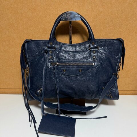 巴黎世家Balenciaga 藍色中號機車包手提包單肩包斜挎包 底長38x25cm。
