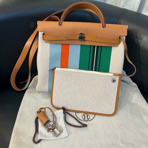 HERMES 愛馬仕 Herbag Zip 31手提包單肩包斜挎包 銀扣 H Plume帆布Hunter牛皮