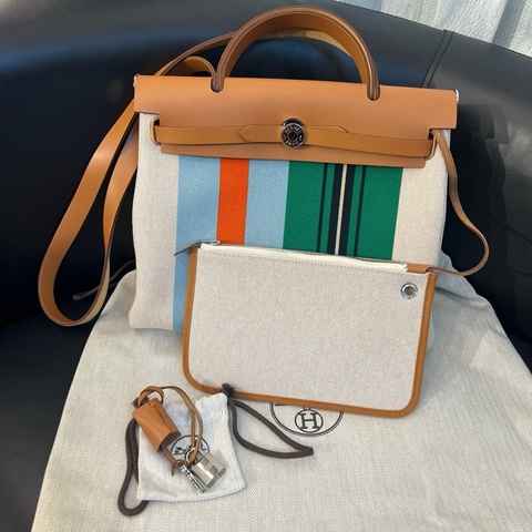 HERMES 愛馬仕 Herbag Zip 31手提包單肩包斜挎包 銀扣 H Plume帆布Hunter牛皮