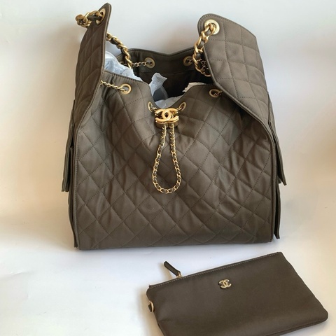 Chanel香奈兒25bag 單肩包斜挎包 卡其色帆布金扣