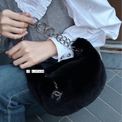 復古辣妹包🖤Chanel香奈兒黑銀兔毛腋下包鏈條單肩手提包