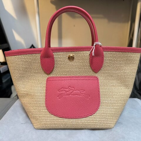 LONGCHAMP Le Pliage XS迷你腮紅粉紅壓印LOGO草編紋帆布拼牛皮按扣式手提包/斜背籃子包/手拿包/側背包/單肩背包