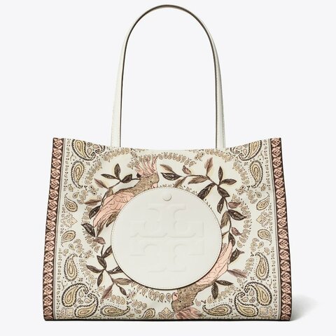 【TORY BURCH】專櫃經典款 Ella 小款復古花卉圖騰帆布手提包/托特包