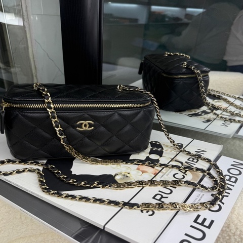 香奈兒 chanel 荔枝皮長盒子黑金化妝盒 cclogo