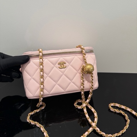 Chanel 香奈兒 粉色 金珠金球 長盒子 鏈條單肩斜挎包 尺寸16*11 芯片款帶鏡子