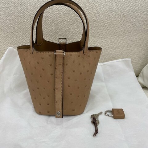 Hermès Picotin Lock Micro 14 菜籃子水桶 0M奶茶色 鴕鳥皮 銀扣
