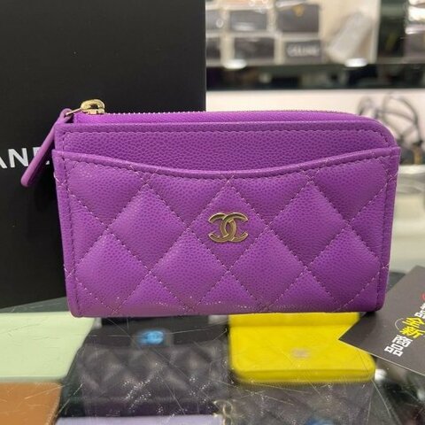 東區正精品㊣CHANEL AP3179 全新香奈兒紫色荔枝牛皮金L型拉鍊卡片零錢包 RZ6585
